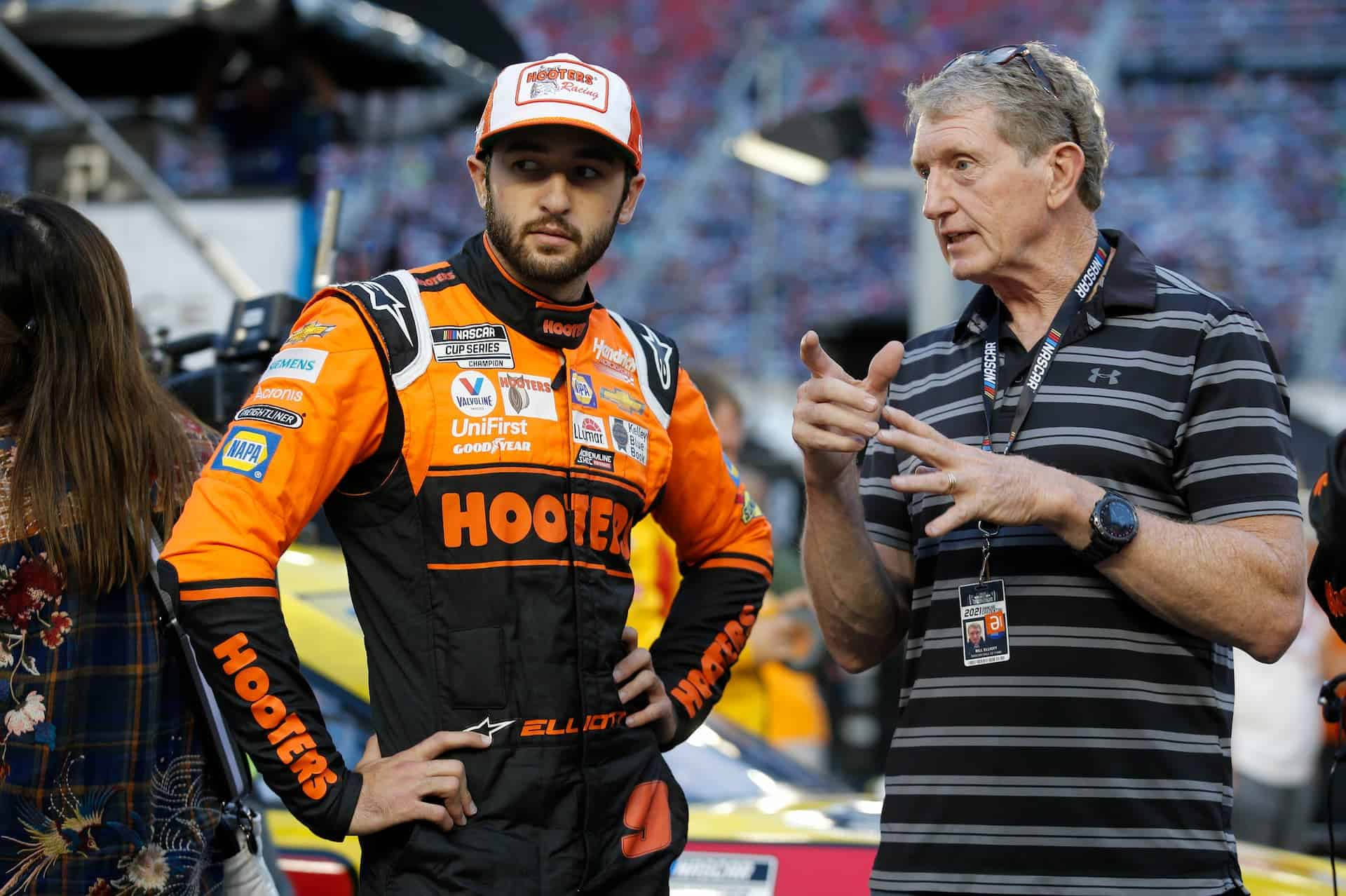 Chase Elliott talks with father Bill Elliott at Bristol Motor Speedway in 2021. Voting for the NASCAR Most Popular Driver Award is open on Tuesday, November 9.